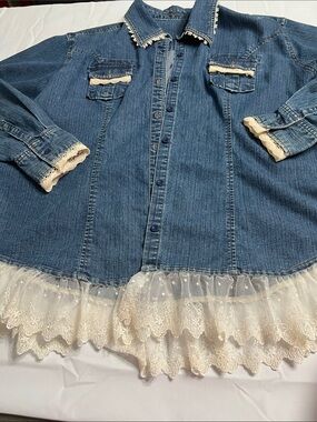 Riders by Lee Blue Denim Button-Front Jacket with Cream Lace Trim